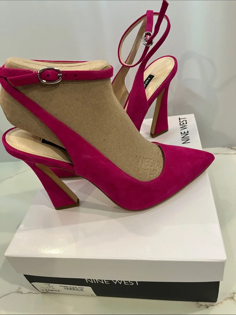 Nine West Dark Pink Suede Ankle Strap Pointed-Toe Slingback Heels New 7 M - Picture 3 of 14